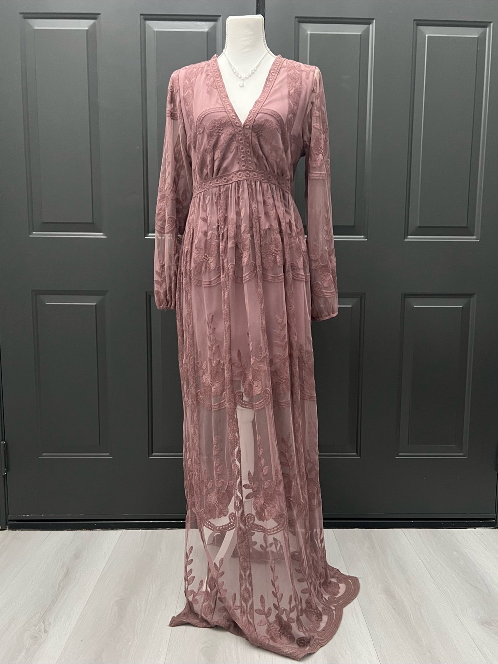 Elegant Mauve Embroidered V-Neck Maxi Dress